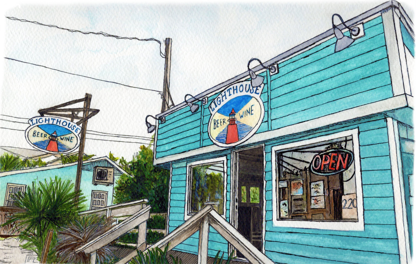 Lighthouse Beer & Wine — Original Art Print 4x6